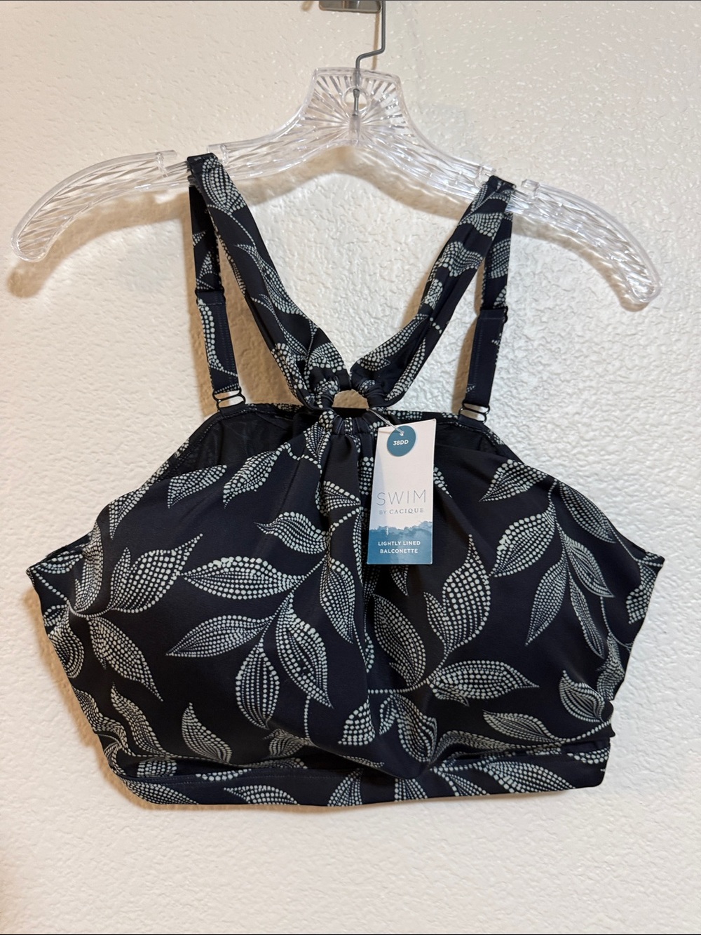 Swim by Cacique Black Leaf Print High-Neck Swim Top 38DD